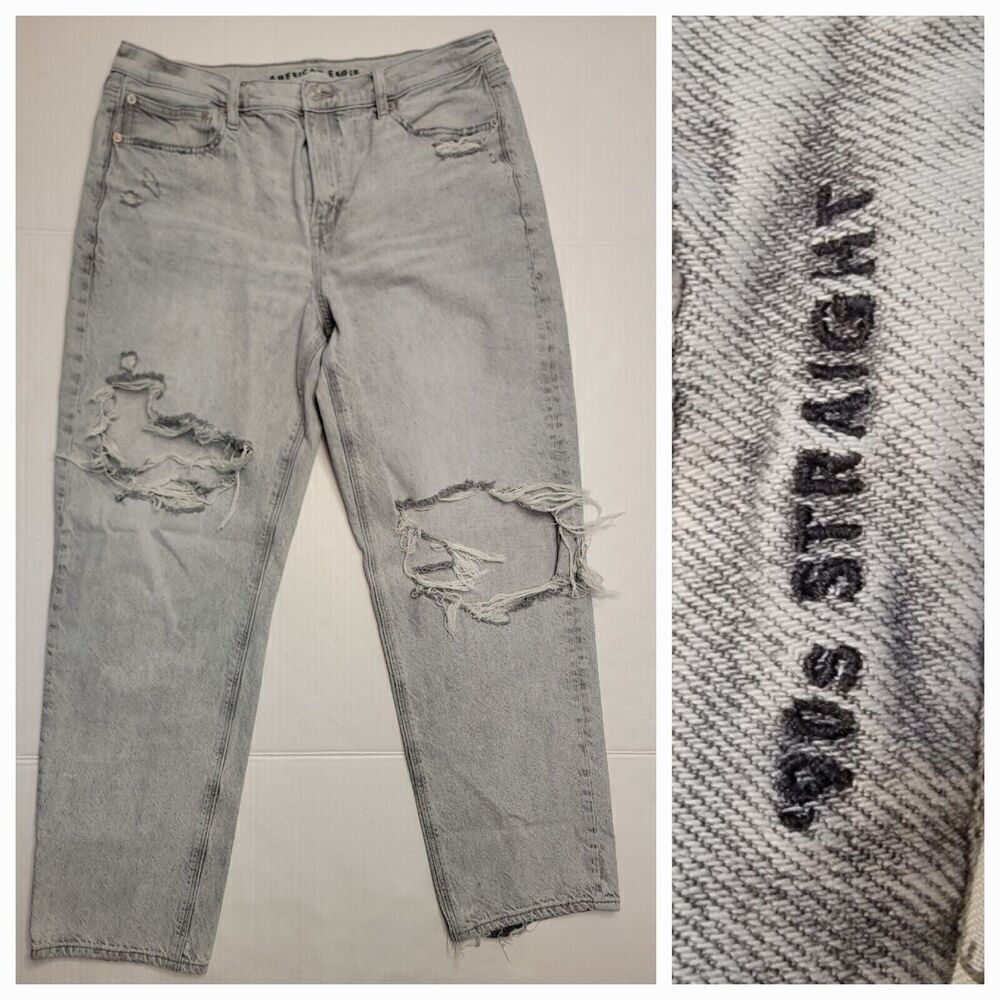 AMERICAN EAGLE Jeans SZ 16 Womens 90s Straight Distressed Acid Wash Gray